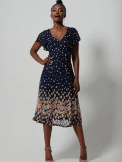 Mirrored Mesh Fit & Flare Midi Dress, Navy Floral