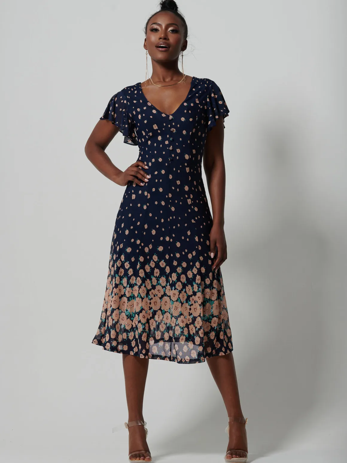 Mirrored Mesh Fit & Flare Midi Dress, Navy Floral