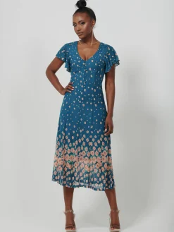 Mirrored Mesh Fit & Flare Midi Dress, Teal floral