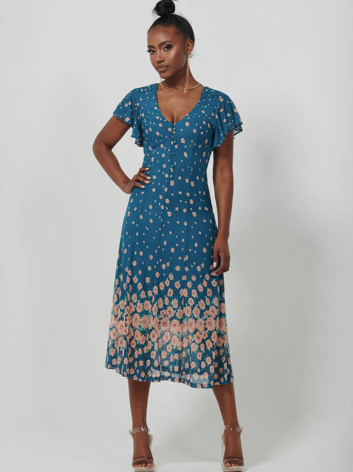 Mirrored Mesh Fit & Flare Midi Dress, Teal floral