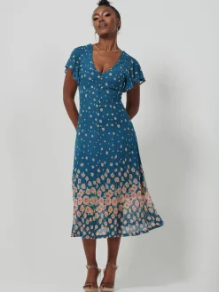 Mirrored Mesh Fit & Flare Midi Dress, Teal floral