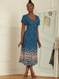 Mirrored Mesh Fit & Flare Midi Dress, Teal floral