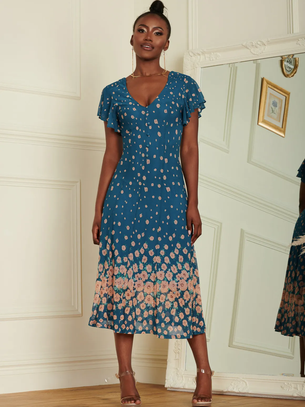 Mirrored Mesh Fit & Flare Midi Dress, Teal floral