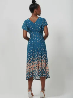 Mirrored Mesh Fit & Flare Midi Dress, Teal floral