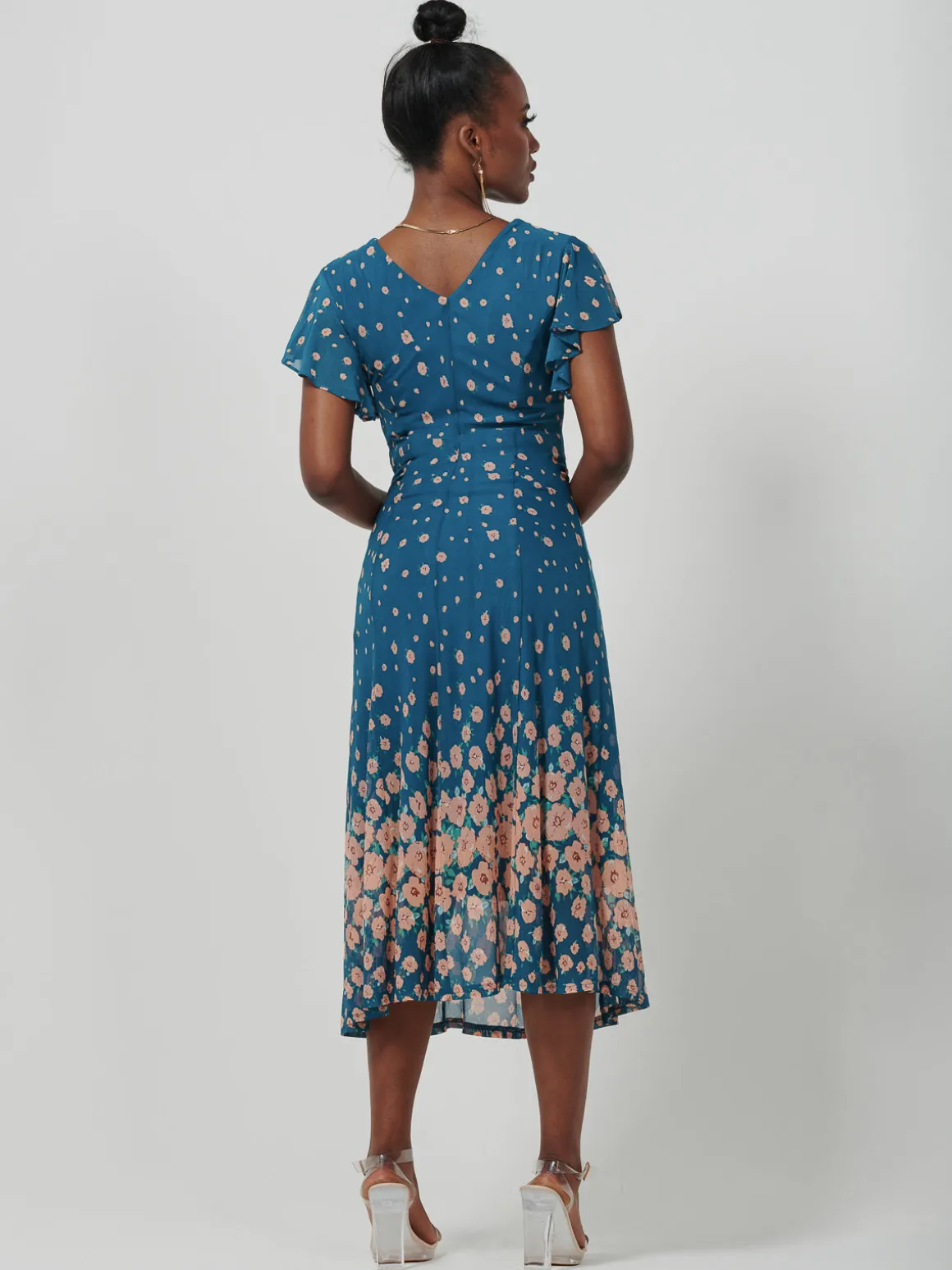 Mirrored Mesh Fit & Flare Midi Dress, Teal floral