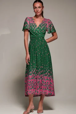 Mirrored Mesh Short Sleeve Midaxi Dress, Green Floral