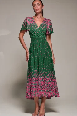 Mirrored Mesh Short Sleeve Midaxi Dress, Green Floral
