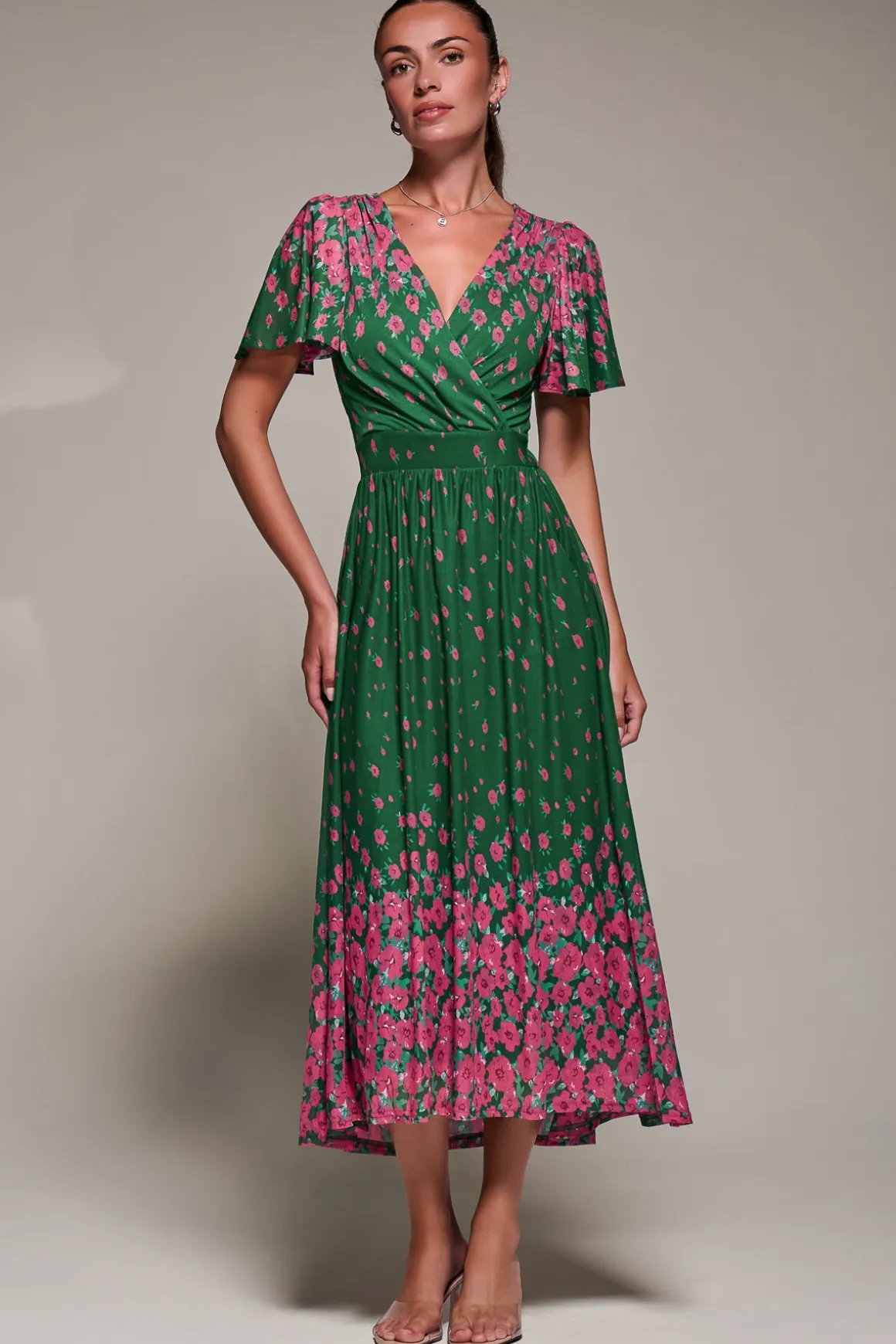 Mirrored Mesh Short Sleeve Midaxi Dress, Green Floral
