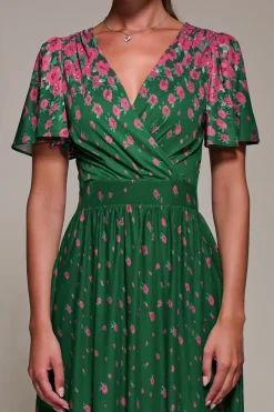 Mirrored Mesh Short Sleeve Midaxi Dress, Green Floral