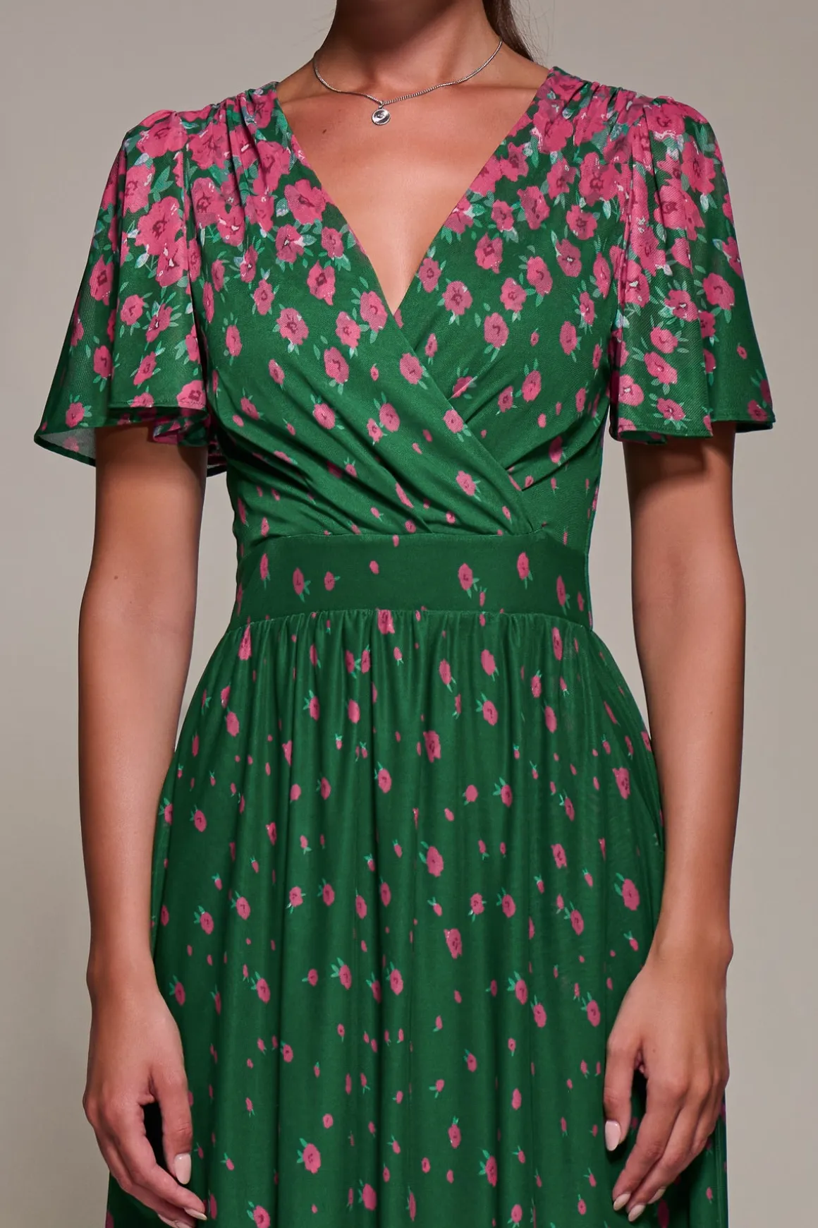 Mirrored Mesh Short Sleeve Midaxi Dress, Green Floral