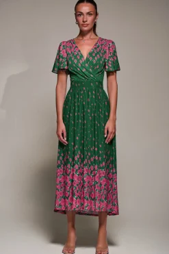 Mirrored Mesh Short Sleeve Midaxi Dress, Green Floral