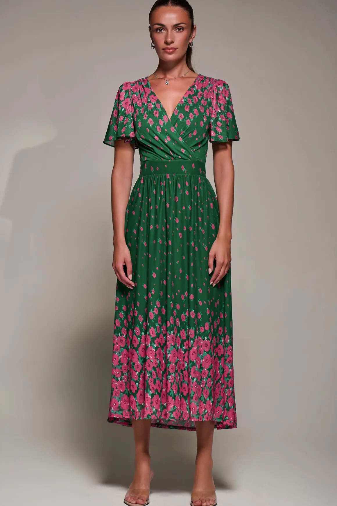 Mirrored Mesh Short Sleeve Midaxi Dress, Green Floral