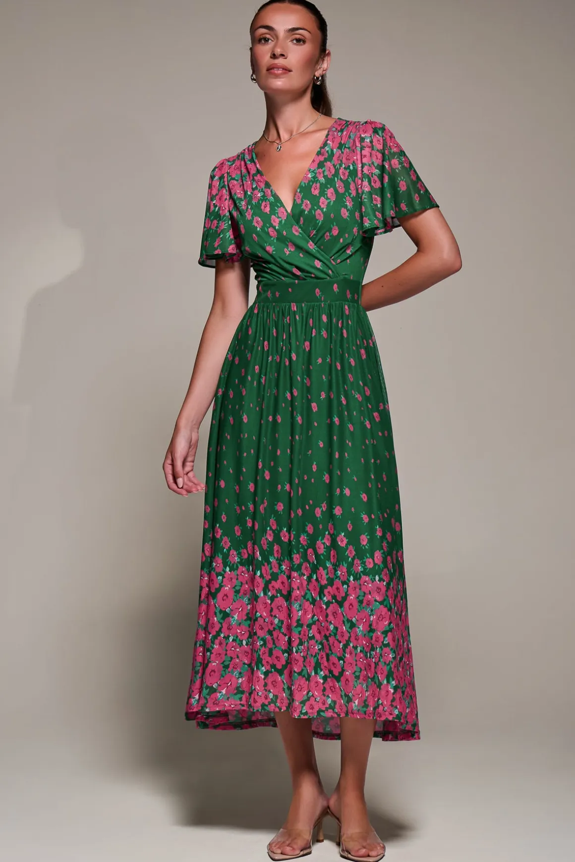 Mirrored Mesh Short Sleeve Midaxi Dress, Green Floral