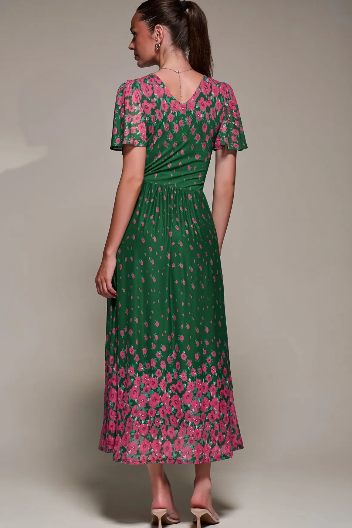 Mirrored Mesh Short Sleeve Midaxi Dress, Green Floral