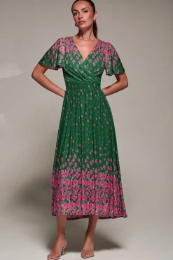 Mirrored Mesh Short Sleeve Midaxi Dress, Green Floral