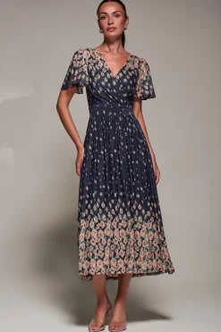Mirrored Mesh Short Sleeve Midaxi Dress, Navy Floral