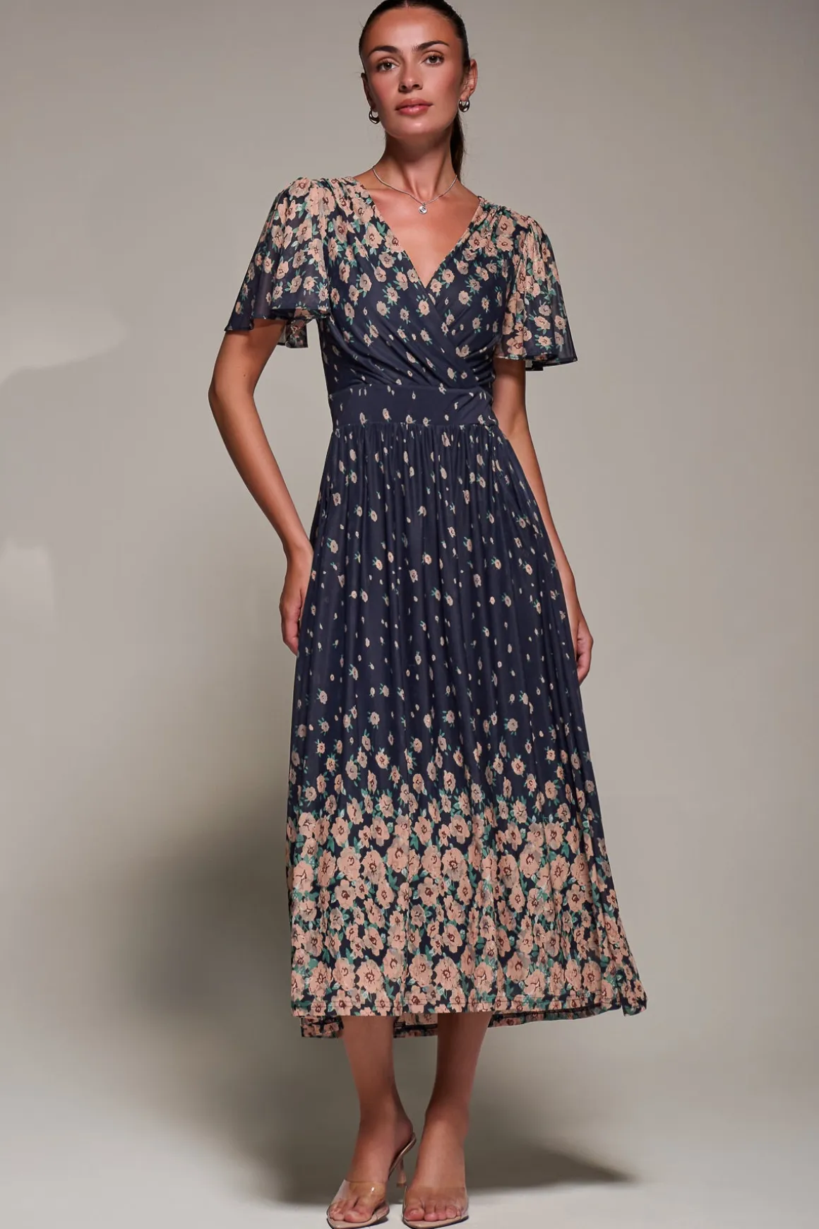 Mirrored Mesh Short Sleeve Midaxi Dress, Navy Floral