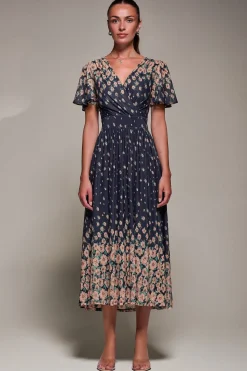 Mirrored Mesh Short Sleeve Midaxi Dress, Navy Floral
