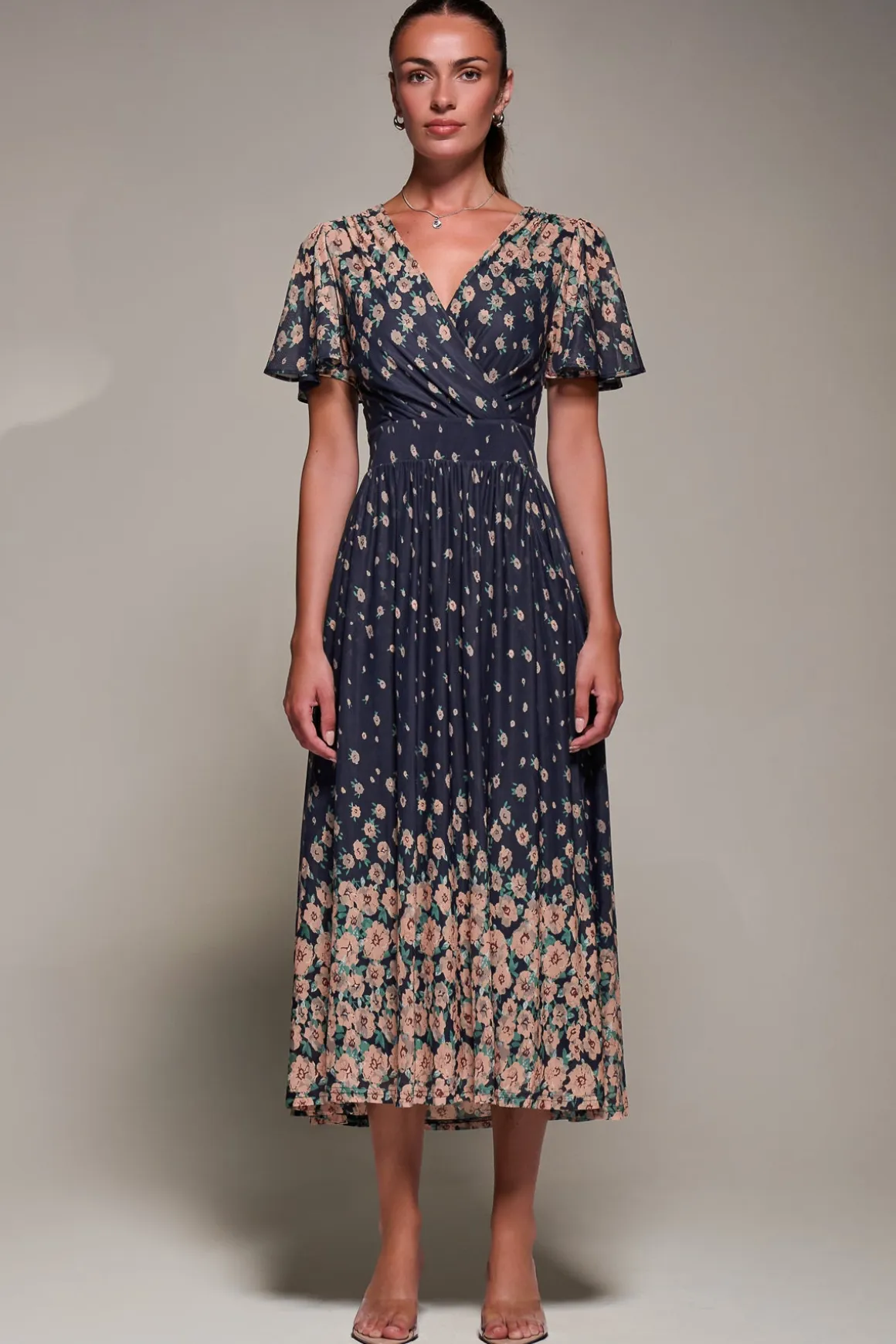 Mirrored Mesh Short Sleeve Midaxi Dress, Navy Floral