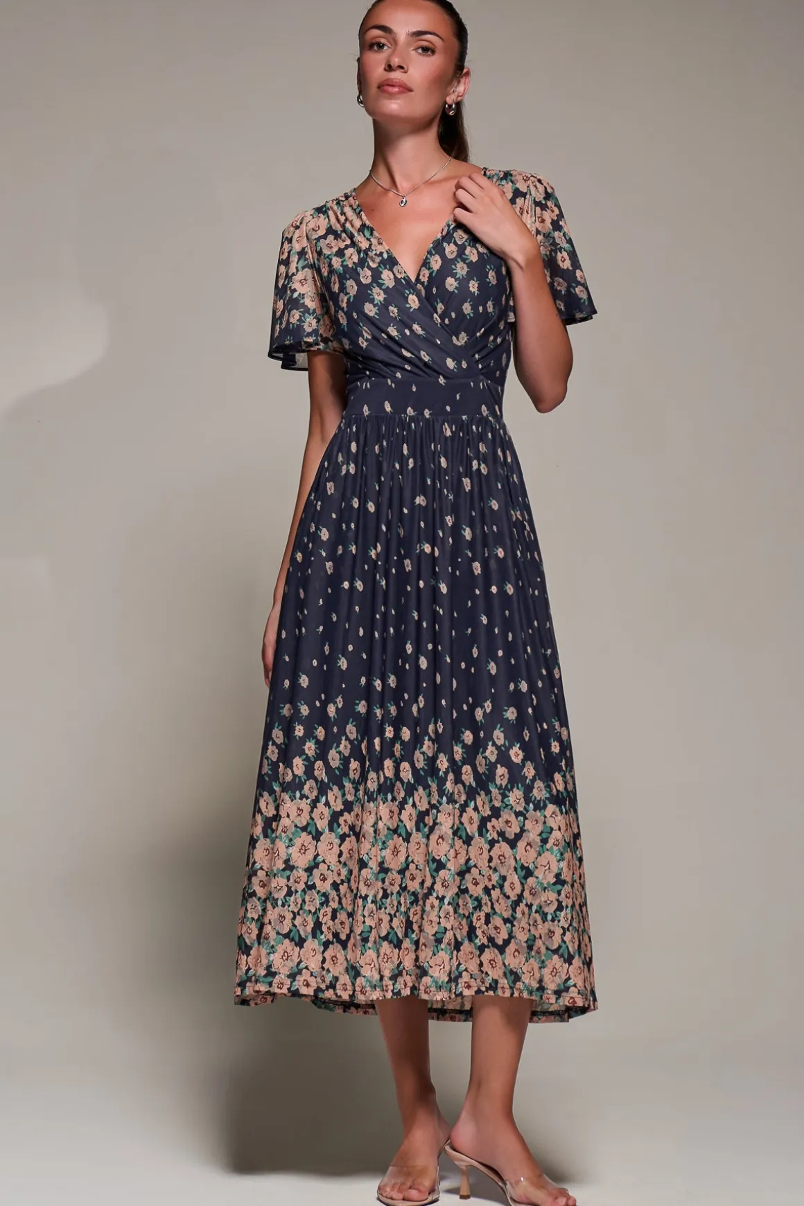 Mirrored Mesh Short Sleeve Midaxi Dress, Navy Floral
