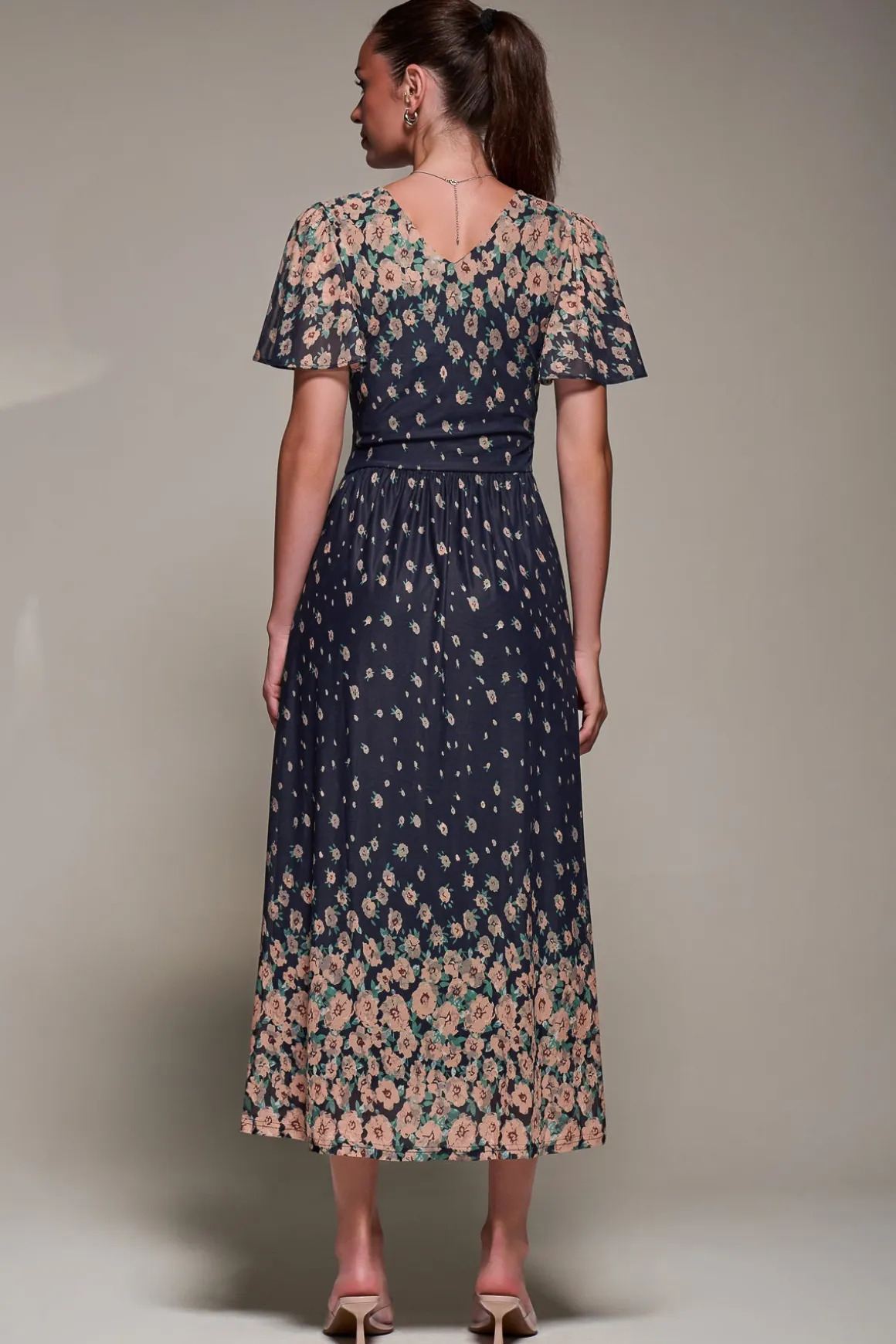 Mirrored Mesh Short Sleeve Midaxi Dress, Navy Floral