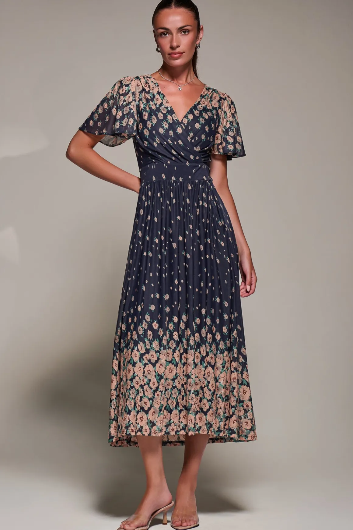 Mirrored Mesh Short Sleeve Midaxi Dress, Navy Floral