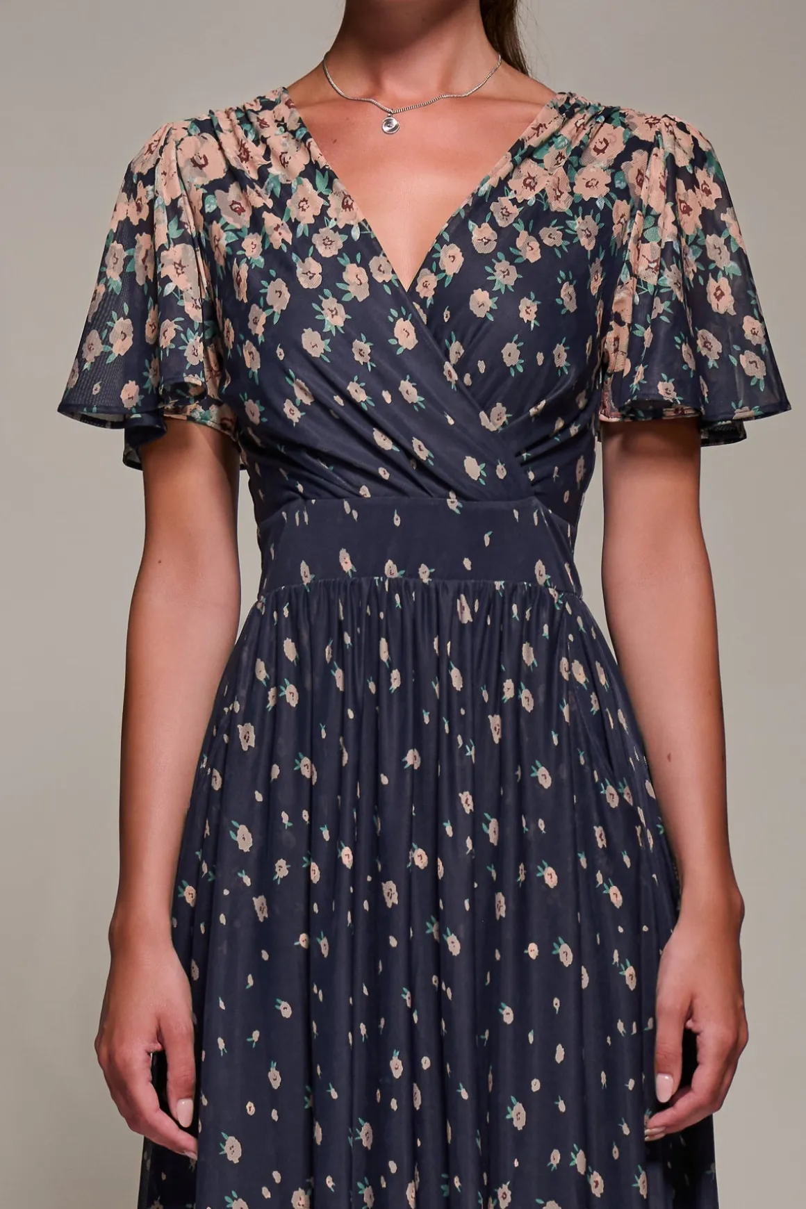 Mirrored Mesh Short Sleeve Midaxi Dress, Navy Floral