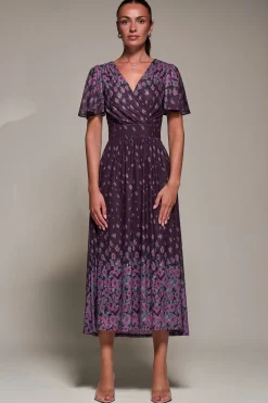 Mirrored Mesh Short Sleeve Midaxi Dress,Purple Floral