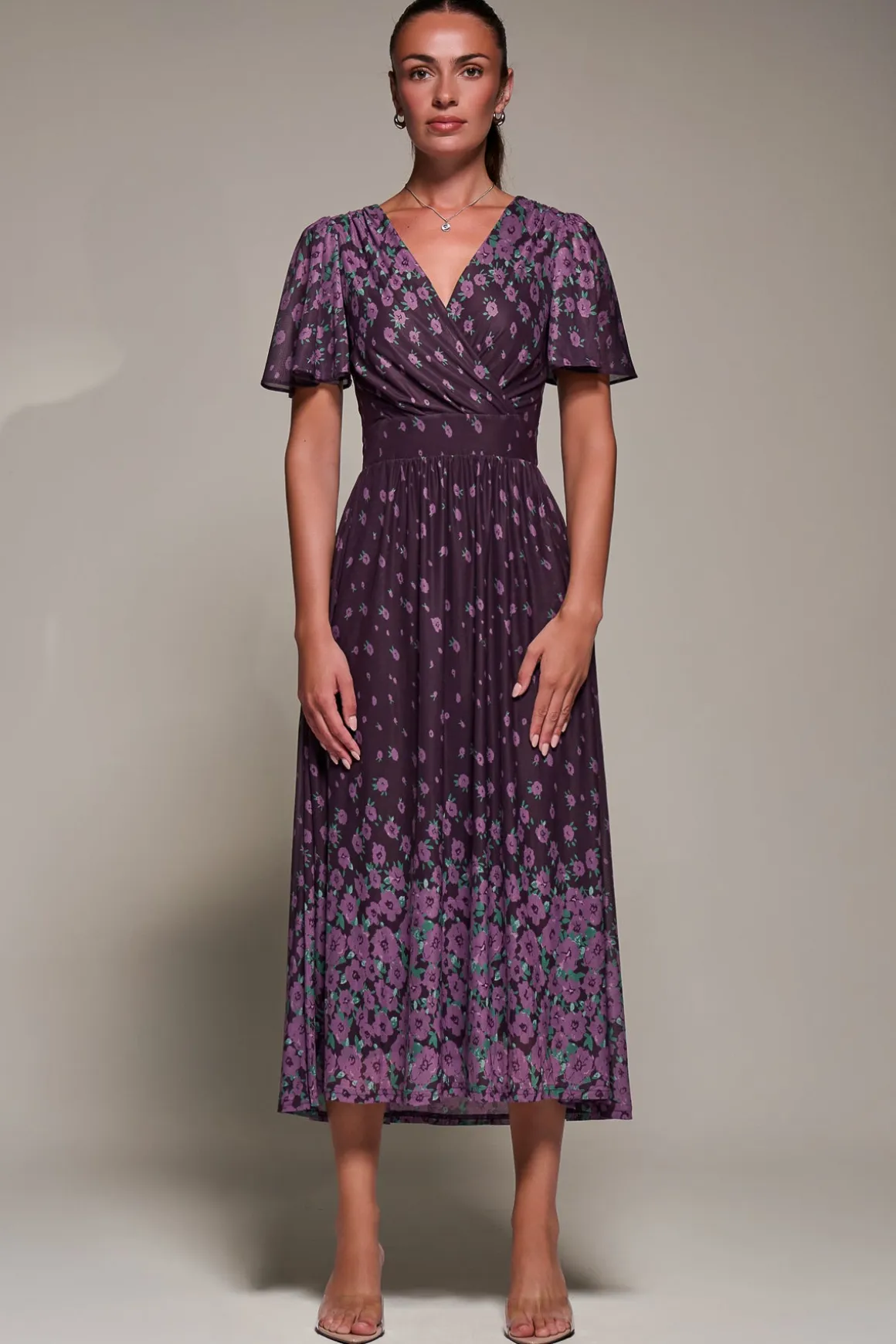 Mirrored Mesh Short Sleeve Midaxi Dress,Purple Floral