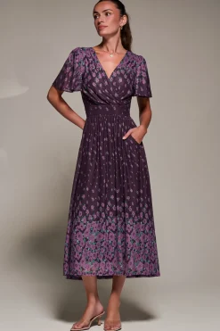 Mirrored Mesh Short Sleeve Midaxi Dress,Purple Floral