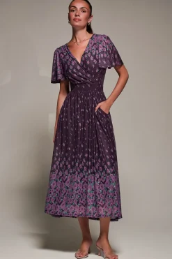 Mirrored Mesh Short Sleeve Midaxi Dress,Purple Floral