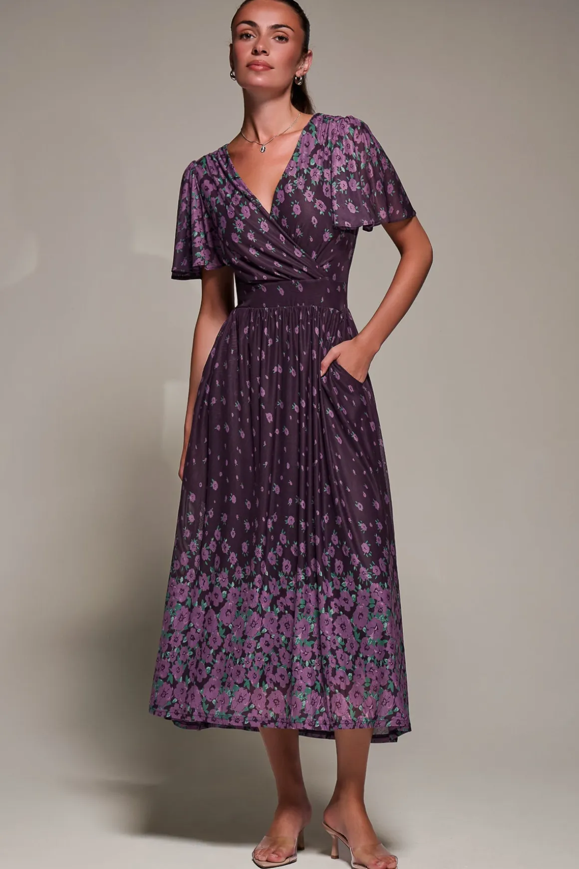 Mirrored Mesh Short Sleeve Midaxi Dress,Purple Floral