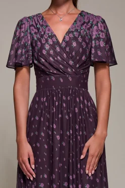 Mirrored Mesh Short Sleeve Midaxi Dress,Purple Floral