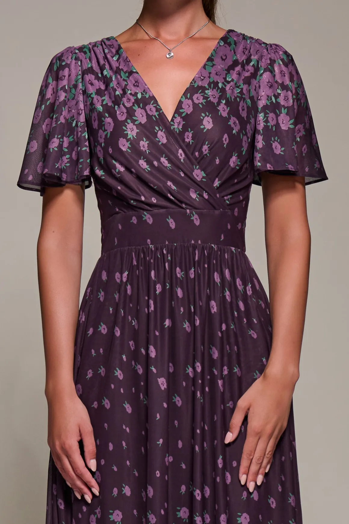 Mirrored Mesh Short Sleeve Midaxi Dress,Purple Floral
