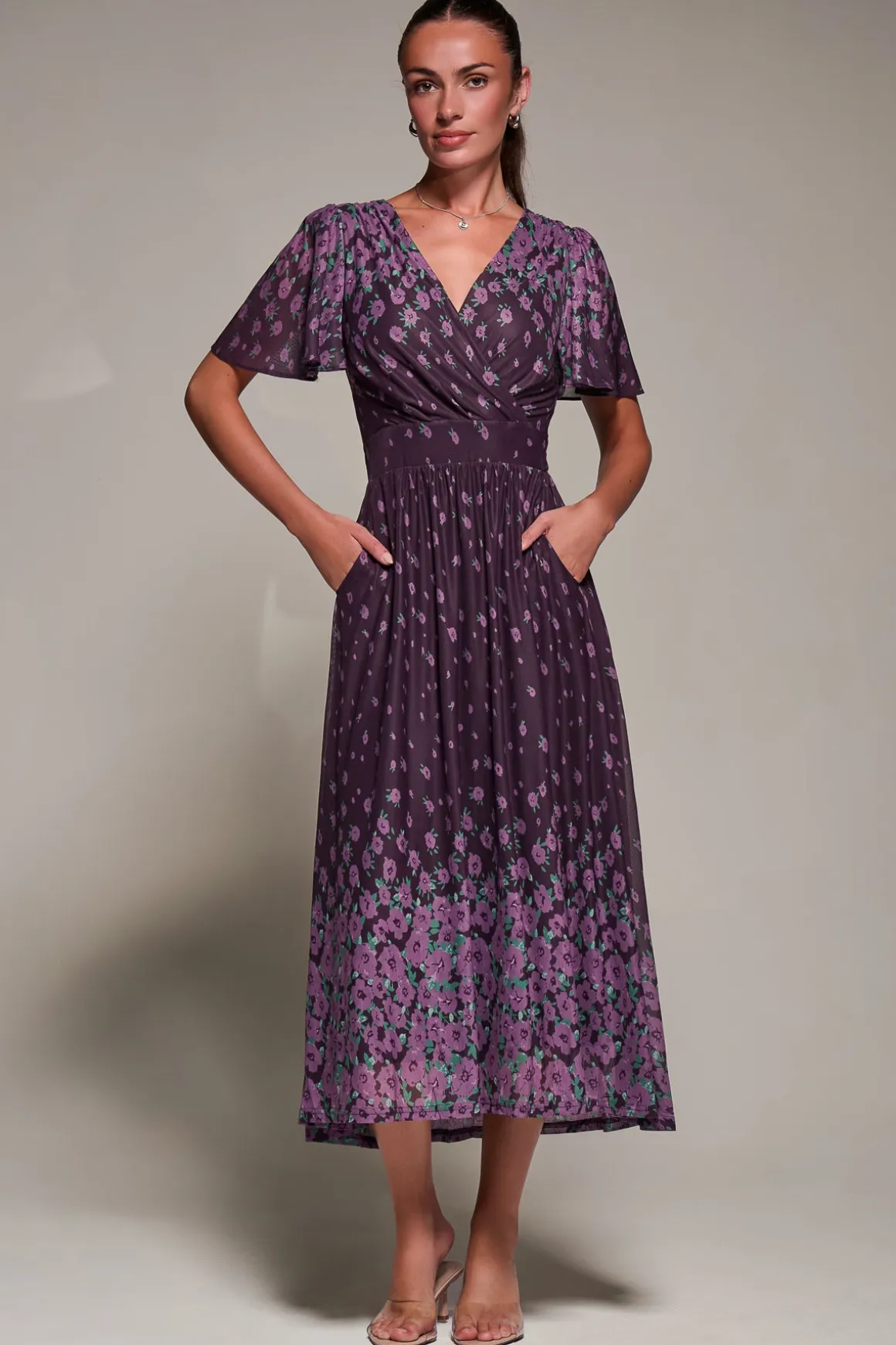 Mirrored Mesh Short Sleeve Midaxi Dress,Purple Floral