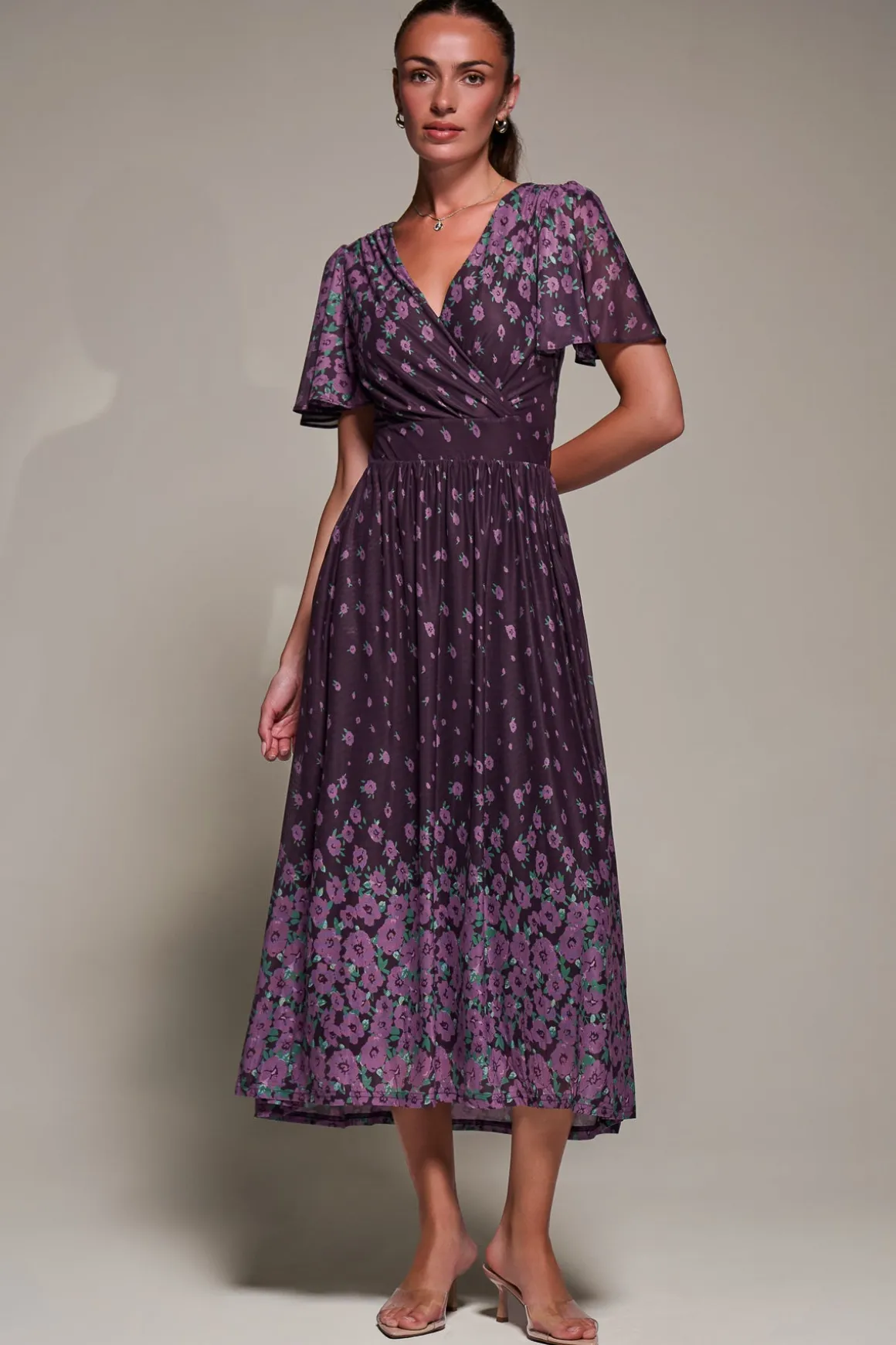 Mirrored Mesh Short Sleeve Midaxi Dress,Purple Floral
