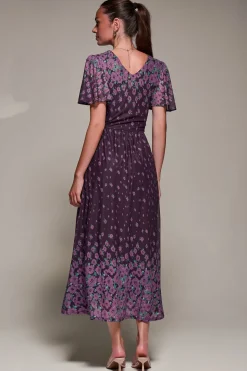 Mirrored Mesh Short Sleeve Midaxi Dress,Purple Floral