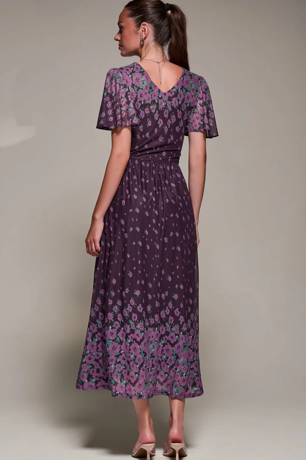 Mirrored Mesh Short Sleeve Midaxi Dress,Purple Floral