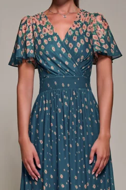 Mirrored Mesh Short Sleeve Midaxi Dress, Teal Floral