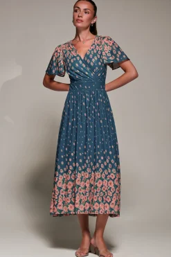 Mirrored Mesh Short Sleeve Midaxi Dress, Teal Floral