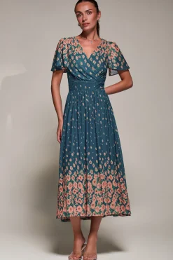 Mirrored Mesh Short Sleeve Midaxi Dress, Teal Floral
