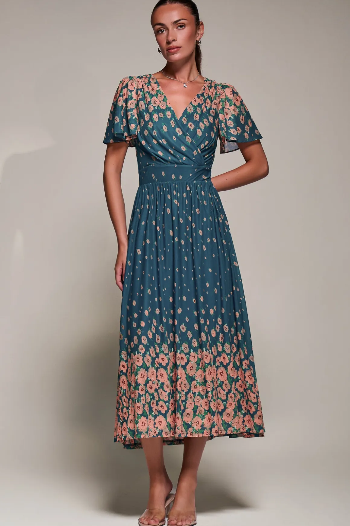 Mirrored Mesh Short Sleeve Midaxi Dress, Teal Floral