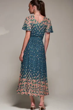 Mirrored Mesh Short Sleeve Midaxi Dress, Teal Floral