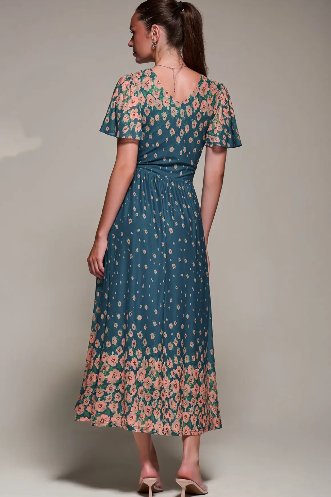 Mirrored Mesh Short Sleeve Midaxi Dress, Teal Floral