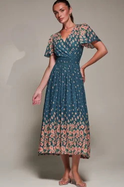 Mirrored Mesh Short Sleeve Midaxi Dress, Teal Floral