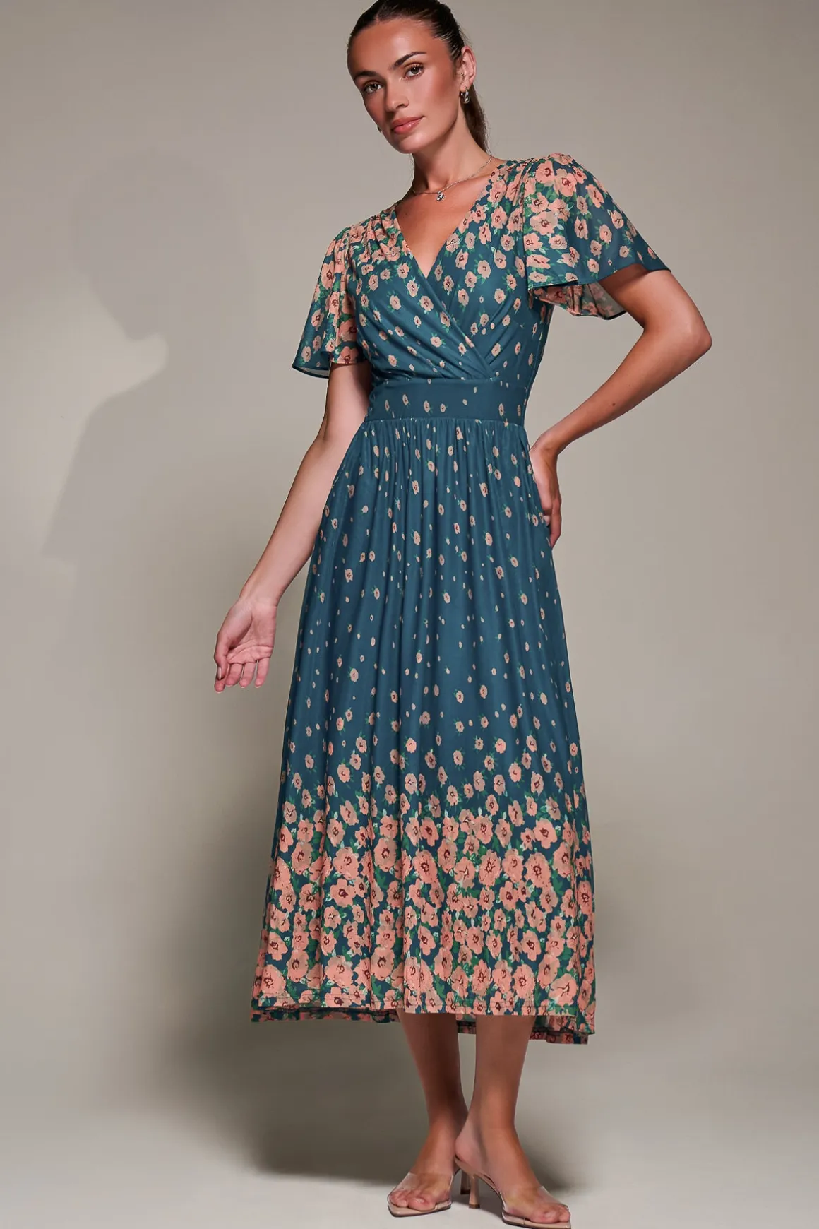 Mirrored Mesh Short Sleeve Midaxi Dress, Teal Floral
