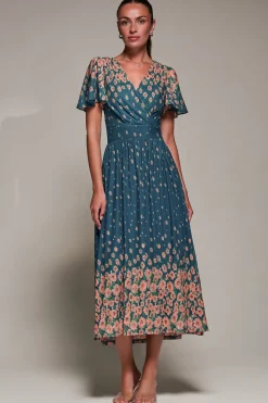 Mirrored Mesh Short Sleeve Midaxi Dress, Teal Floral
