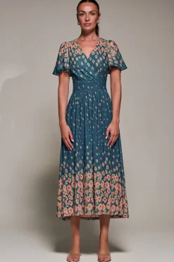 Mirrored Mesh Short Sleeve Midaxi Dress, Teal Floral