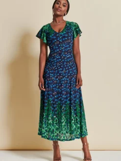 Mirrored Print Lace Maxi Dress, Green Multi