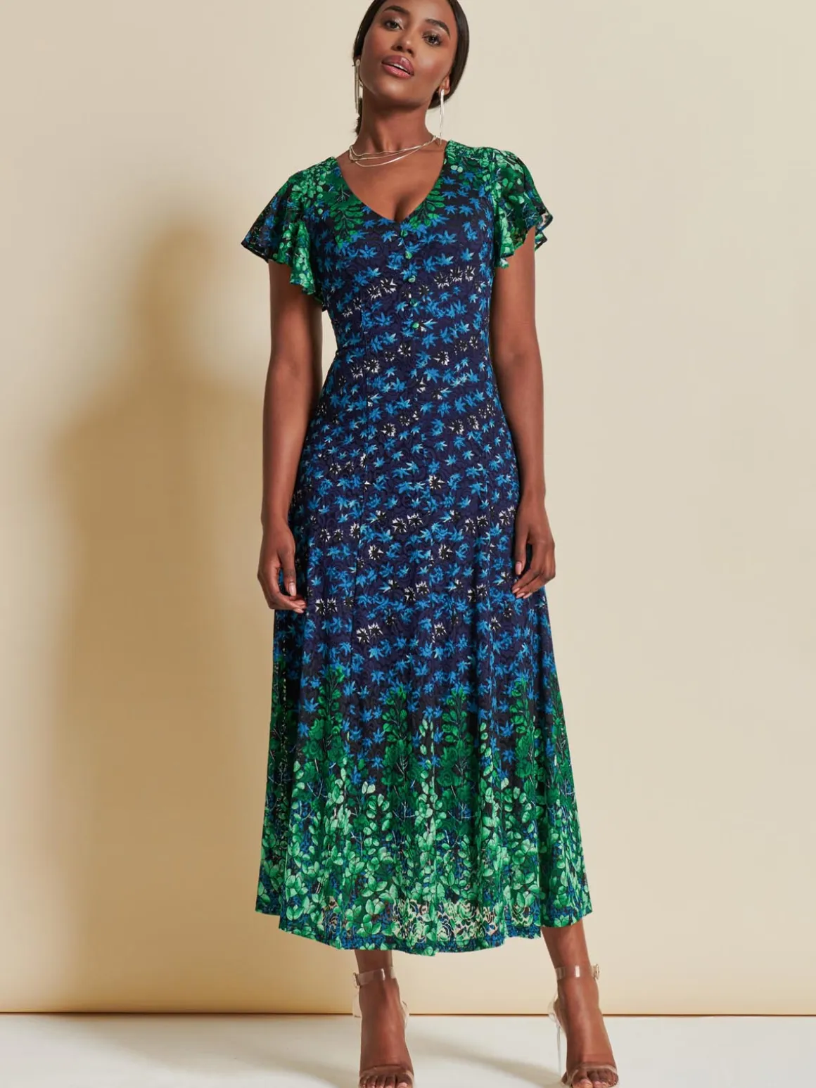 Mirrored Print Lace Maxi Dress, Green Multi